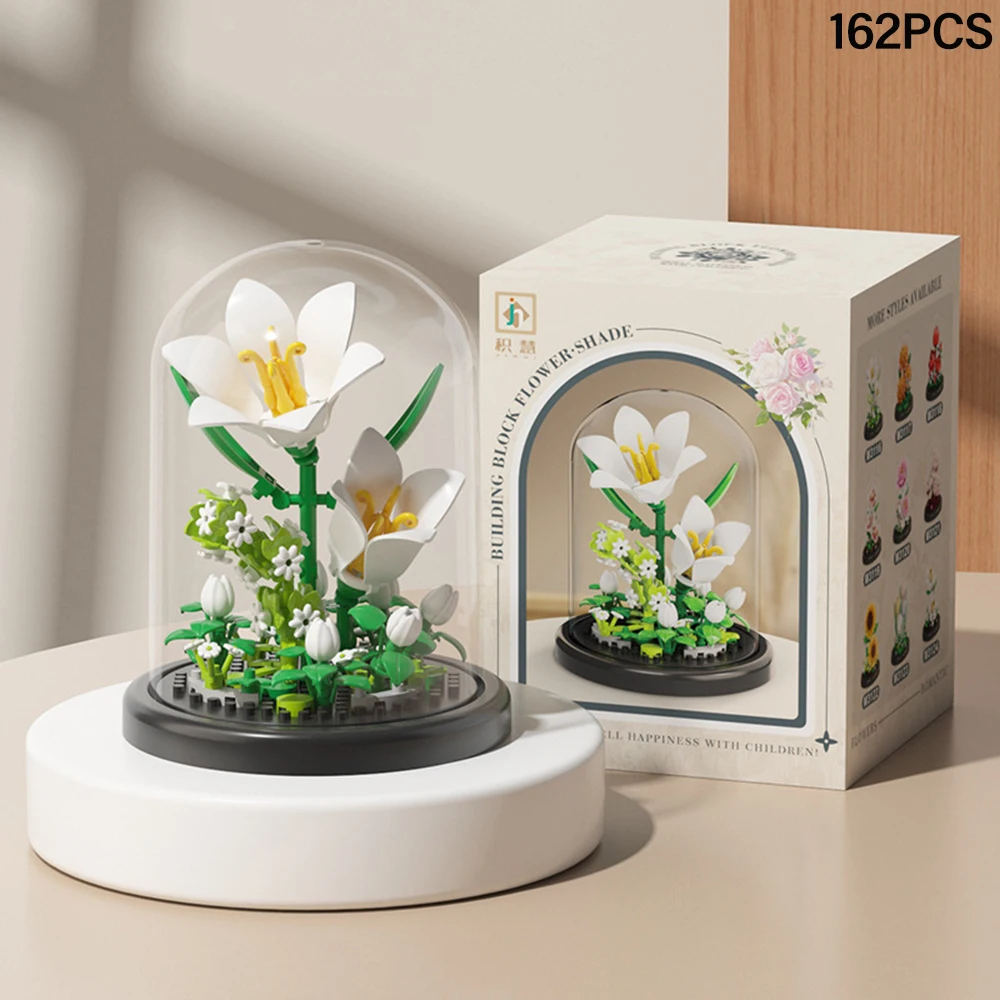 DIY MOC Ewige Blumen Staubschutzhaube Tulpe Rose Sonnenblume Sukkulente Garten Mikro-Baustein-Set Heimdekoration Geschenk für Sie – Detail 12