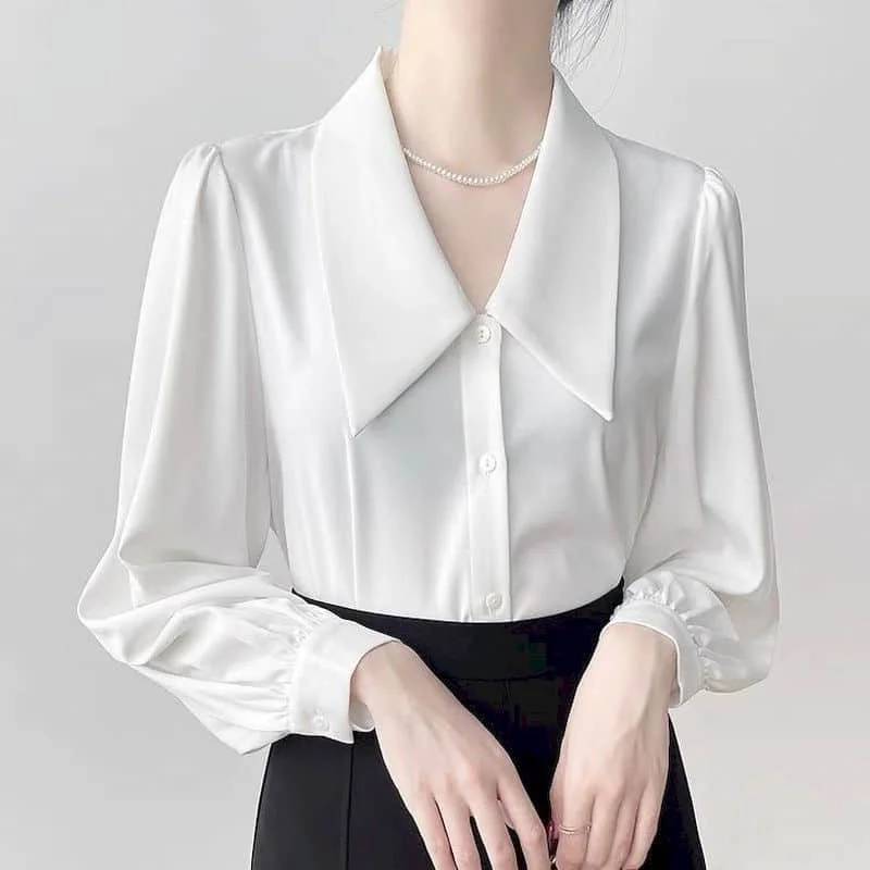 

Chiffon Shirts for Women Vintage Long Sleeved Tailored Collar Casual Korean Style Single Breasted One Piece Blouse Women Tops