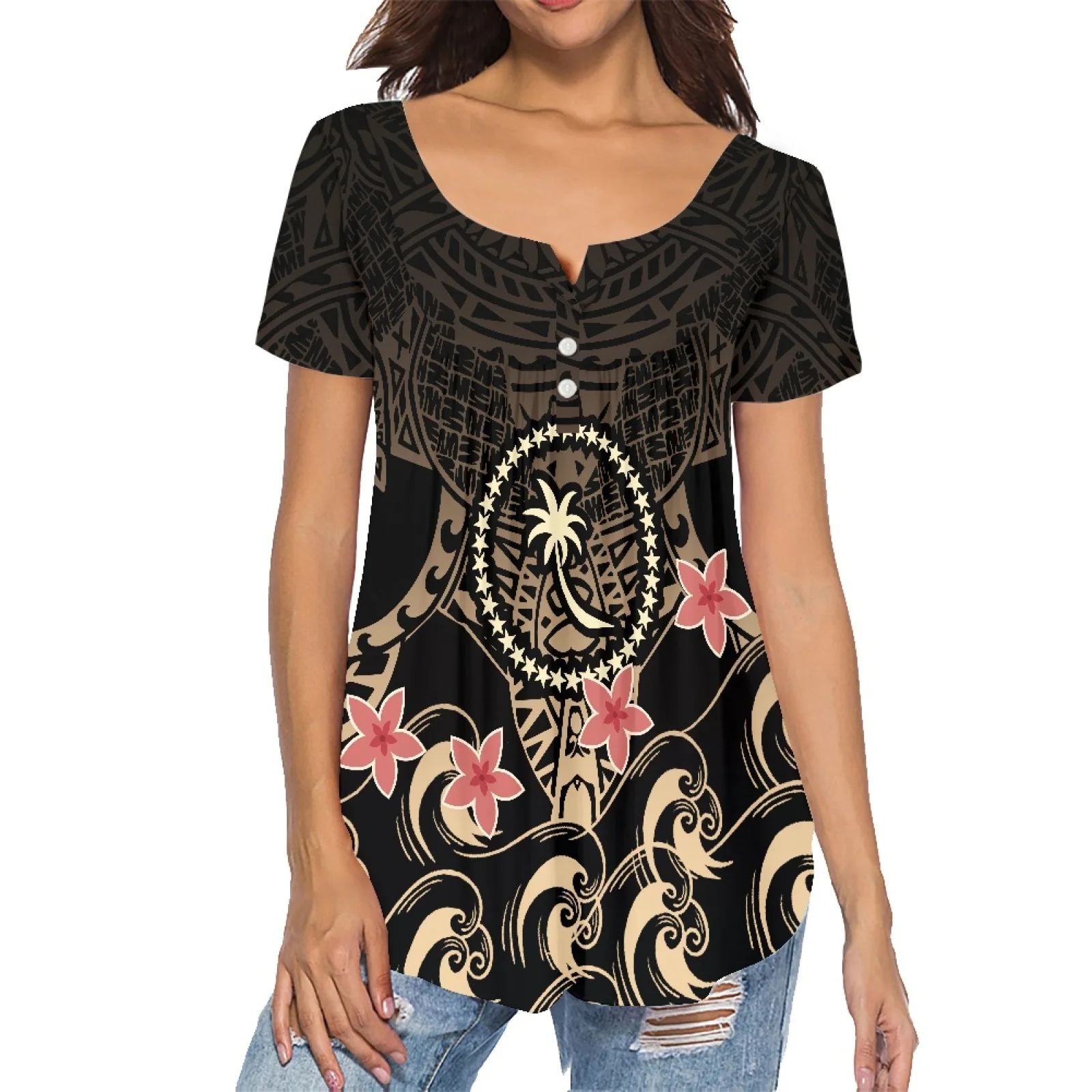 2022 Chiffon Shirt Casual And Comfortable Low Neck Short Sleeved T-shirt Samoan Ethnic Print Tattoo Everyday Summer Women's Top