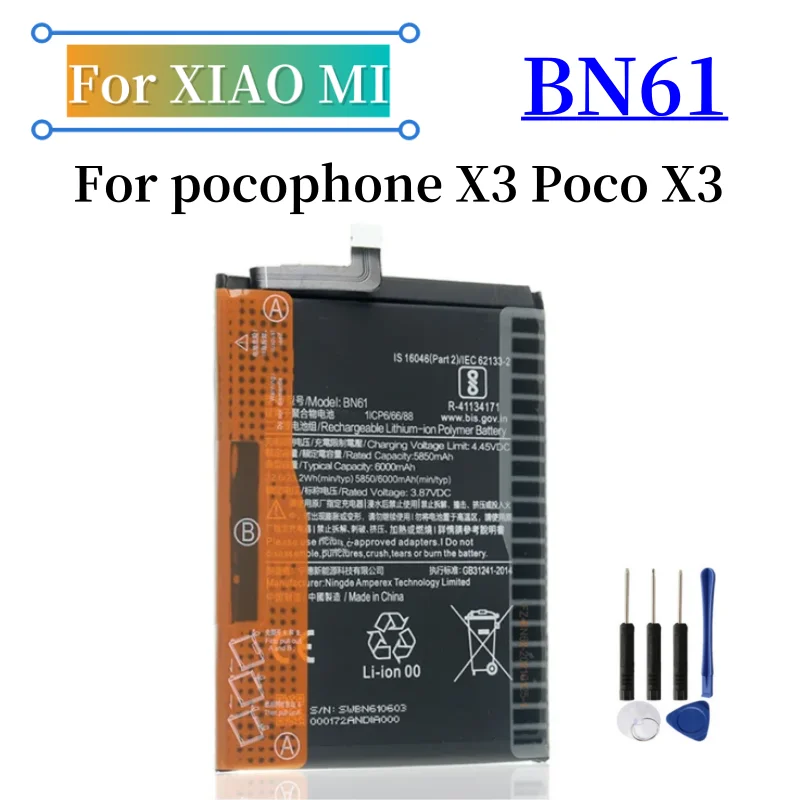 BN61 Phone Battery  5850mAh  For Pocophone X3 Poco X3 6000mAh BN61 Replacement Battery + Tools