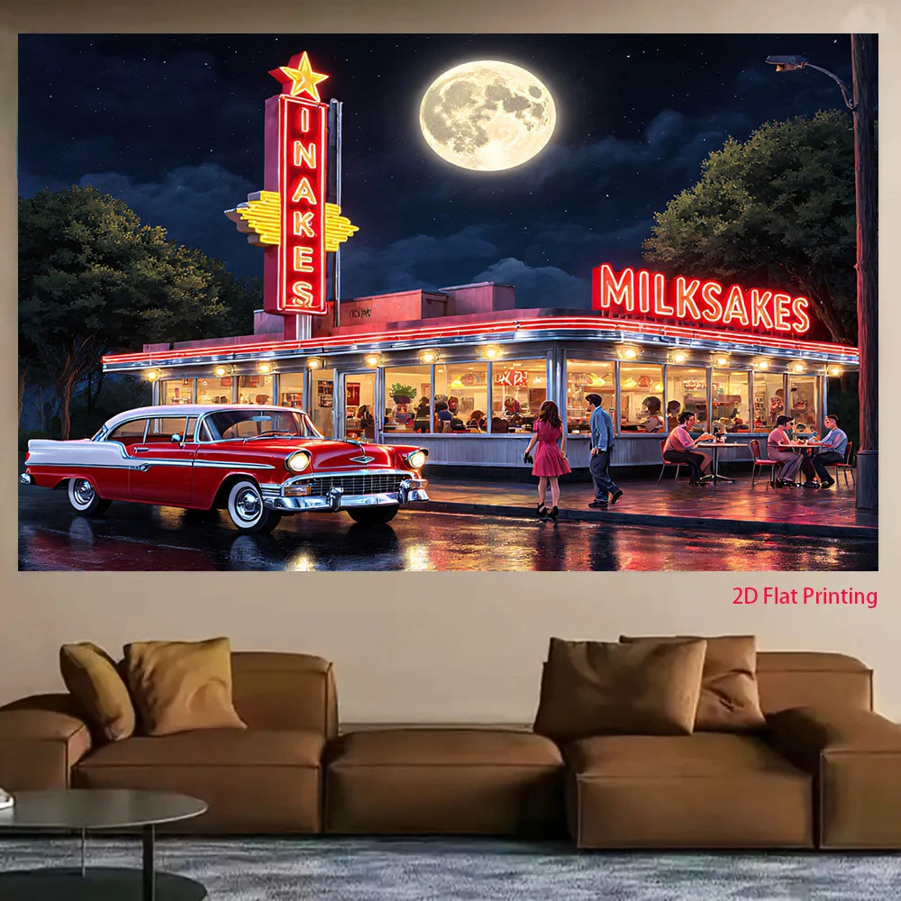 Retro Diner Night Tapestry, Vintage Red Car Moonlight Wall Hanging for Living Room Bedroom Decor, Nostalgic Art Gift