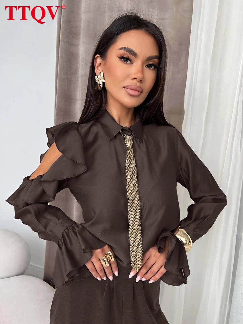 

TTQV Fashion Loose Brown Women's Shirt 2026 Casual Lapel Long Sleeve Blouse Elegant Classic Hollow Out Top Female Clothing