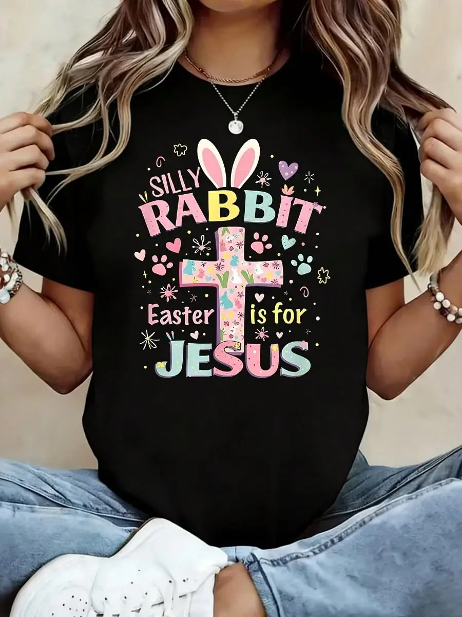 Silly Rabbit Easter Is For Jesus 1 Pcs Women s Plus Size T-Shirt Funny Oversized Graphic Short Sleeve Tee Novelty 100% Polyester Shirt Casual Cre