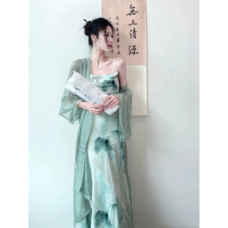 Chinese Green Print Dress Cheongsam Sexy Qipao Waist Slimming Sling Dress Sun Shawl Elegant Gentle Custome Women's Clothing