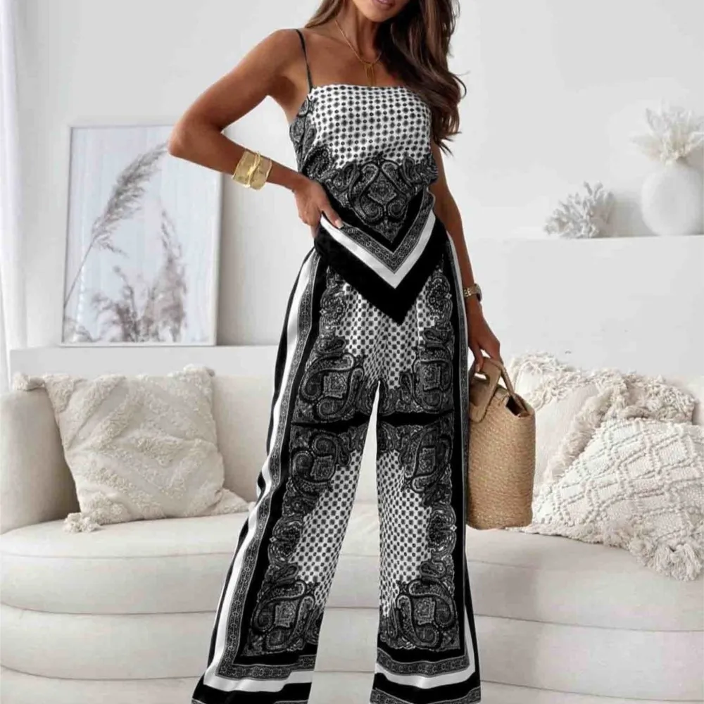 

Sexy And Fashion Suspender Lace-up Printed Pants Sets For Women 2025 Summer Backless Sleeveless Tops+wide Leg Pants 2pcs Outfits