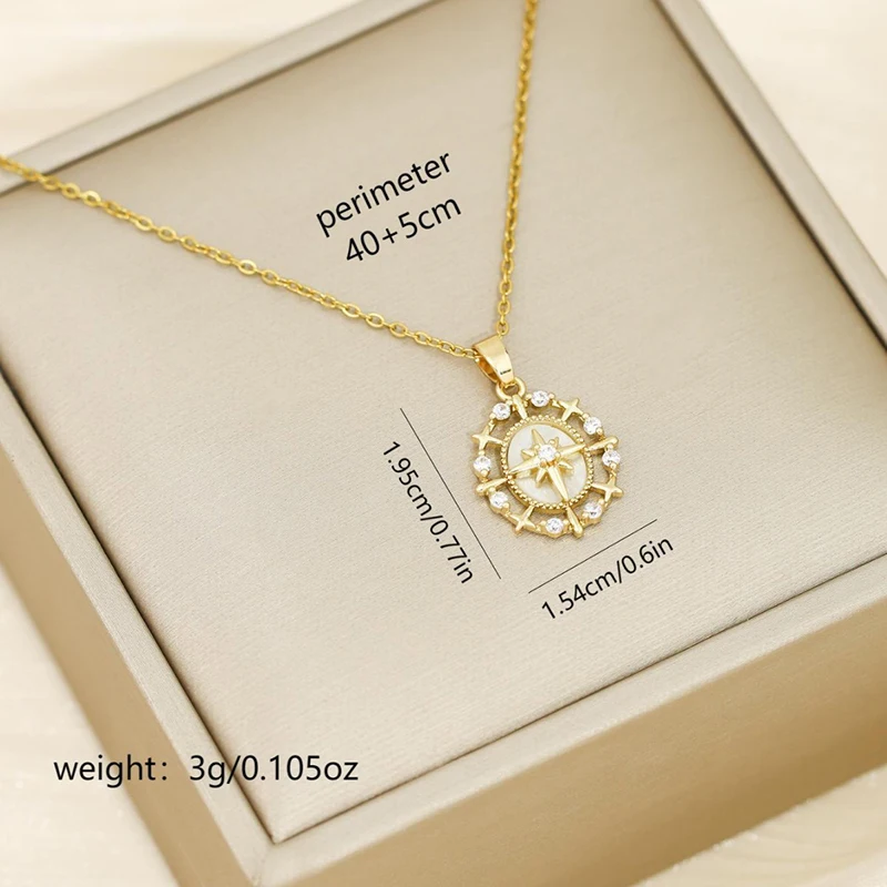 Fotografia 7: Colar pingente North Star de luxo francês com placa redonda incrustada com zircônio e estrela octogonal, colar requintado.