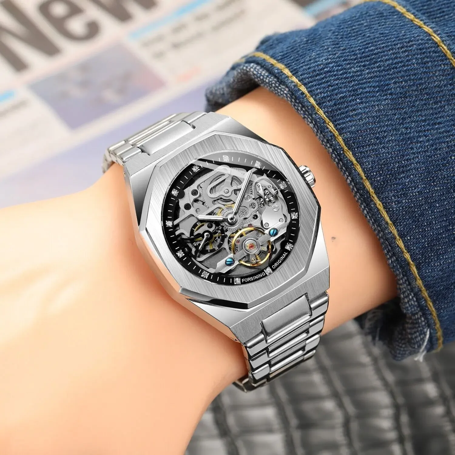 

Business Watch Mens Mechanical Skeleton Crystal Black Dial Analog Self Winding Luxury Silver Stainless Steel Band Wristwatch