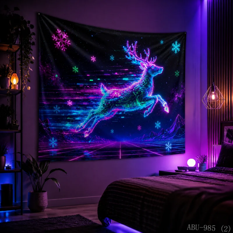 VIKAMA Cyber Pixel Neon Leap Elk Christmas Tapestry HD Background Cloth, Festive Atmosphere Room Decoration