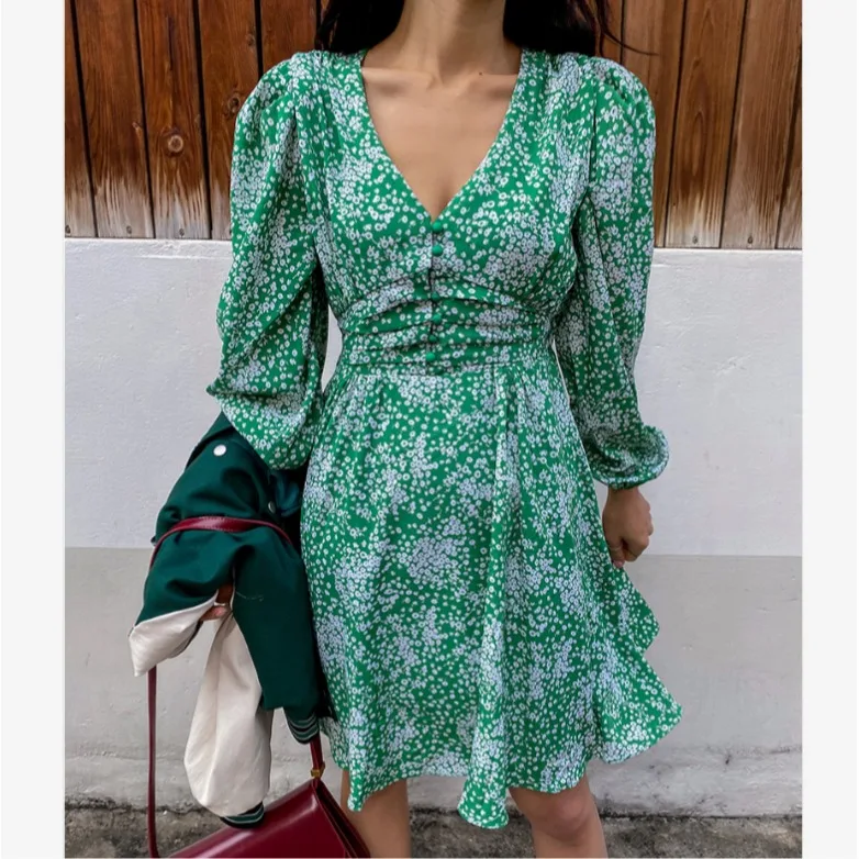 Retro kwiatowy wzór, dekolt w serek, wysoki stan, wyszczuplający, na przerwę na herbatę, elegancki, damski, wiosenny, nowy, styl koreański, swobodny, elegancki.