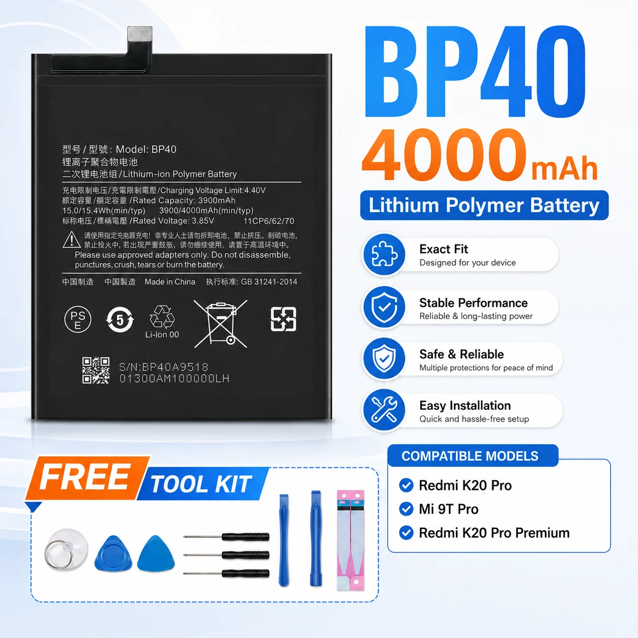 High Capacity BP40 Phone Battery 4000mAh For Xiaomi Redmi K20 Pro Mi 9T Pro With Installation Tools Kit
