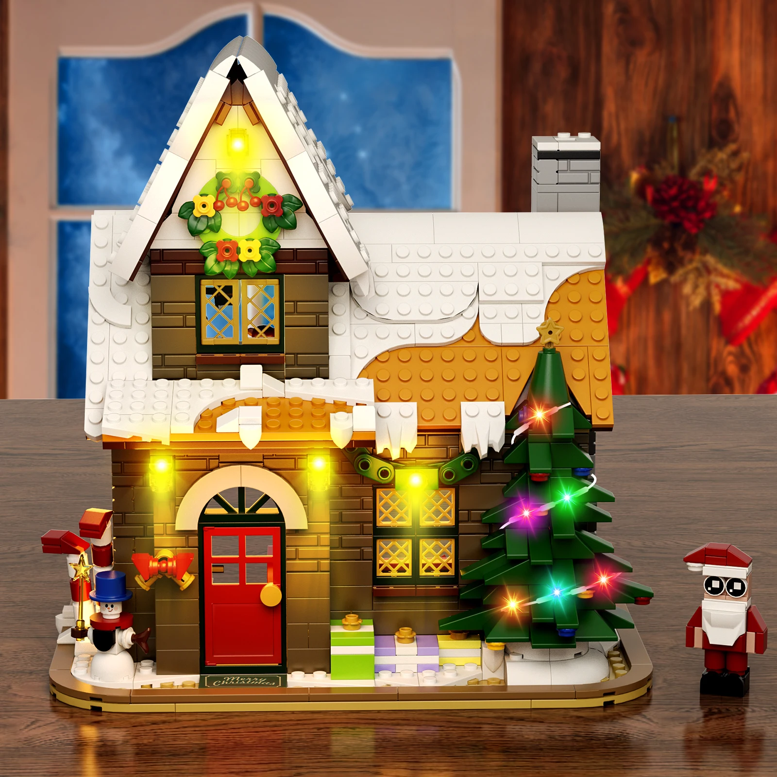 1024PCS Christmas Snow House Building Block with LED Lights Christmas Winter Scene Model Bricks Toy Kits Christmas Gift for Kids