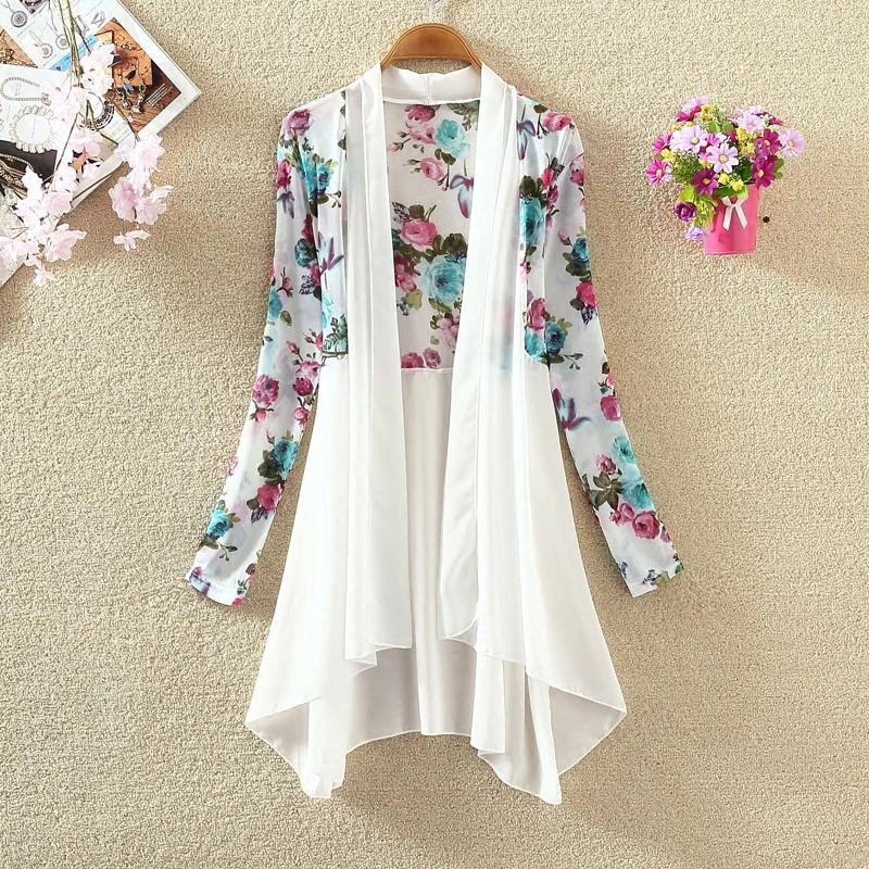 

Women Kimono Vest Blusa Air Conditioning Sunscreen Female Blouses Jackets Long Chiffon Ladies Shirts Printed Mesh Shawls A422