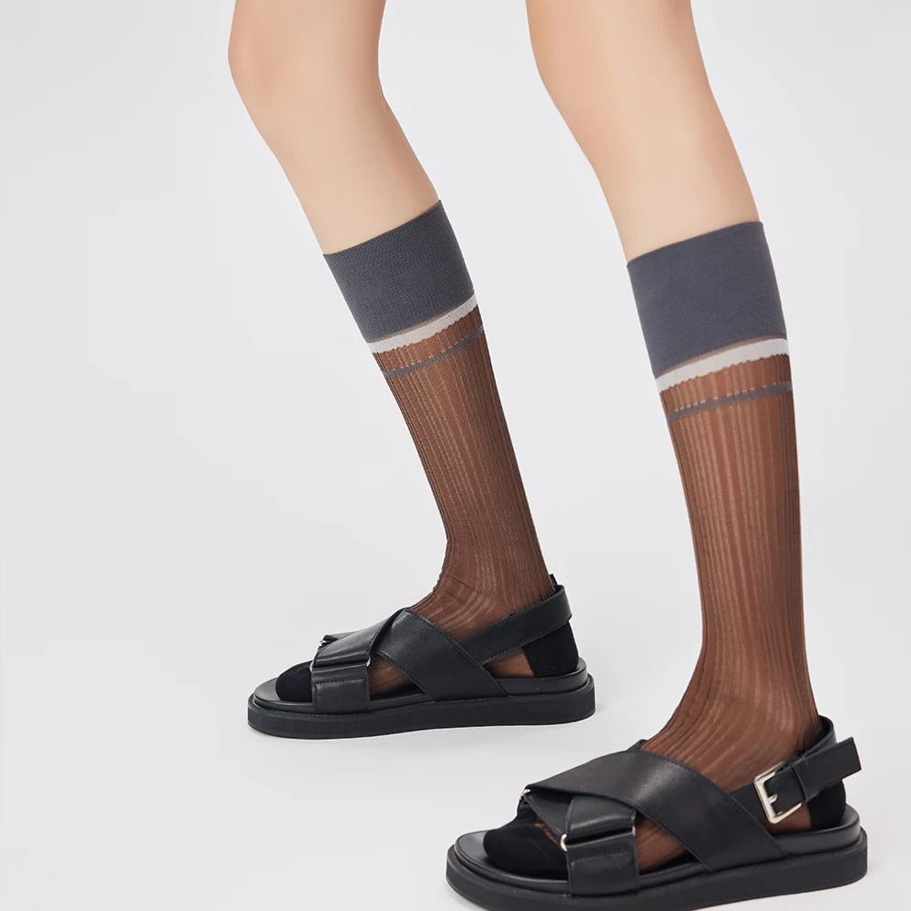 Calcetines de longitud media para mujer, medias de seda fina Vintage, raya Vertical, media pierna, protección solar, primavera y verano, novedad