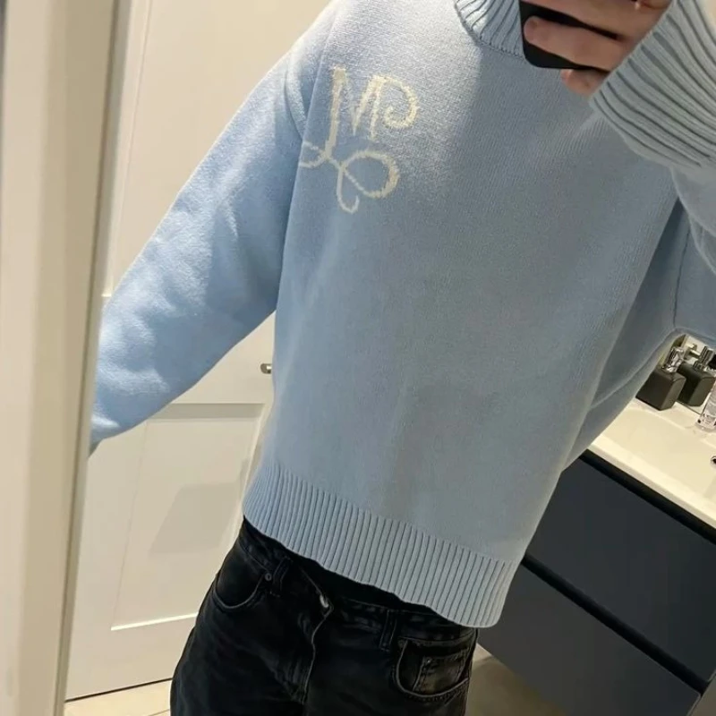 Y2K Harajuku Knit Sky Blue Sweater Retro Embroidered Signature Round Neck Casual Hip Hop High Street Unisex Long Sleeve Sweater