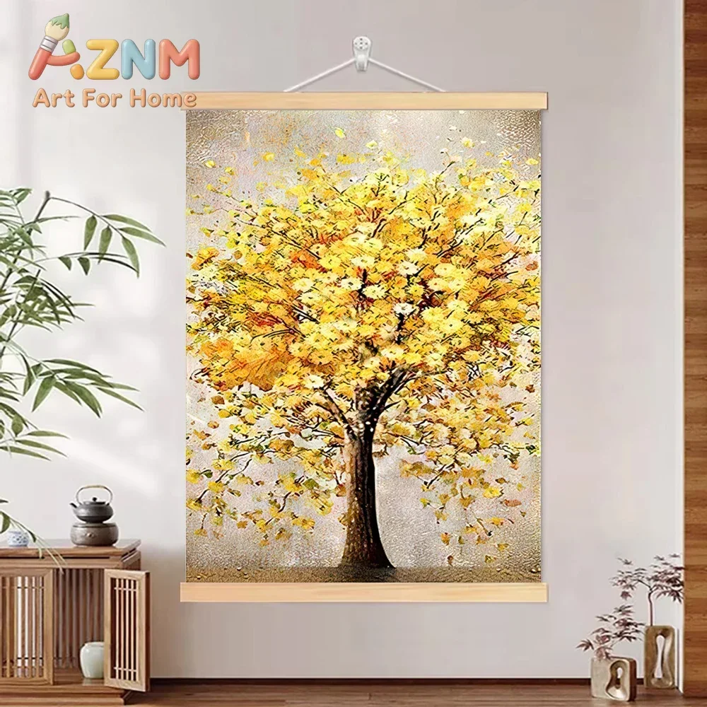 Gold Money Tree Modern Abstract Canvas Poster with Wooden Pole Hanger  DWall Living Room Home Decor