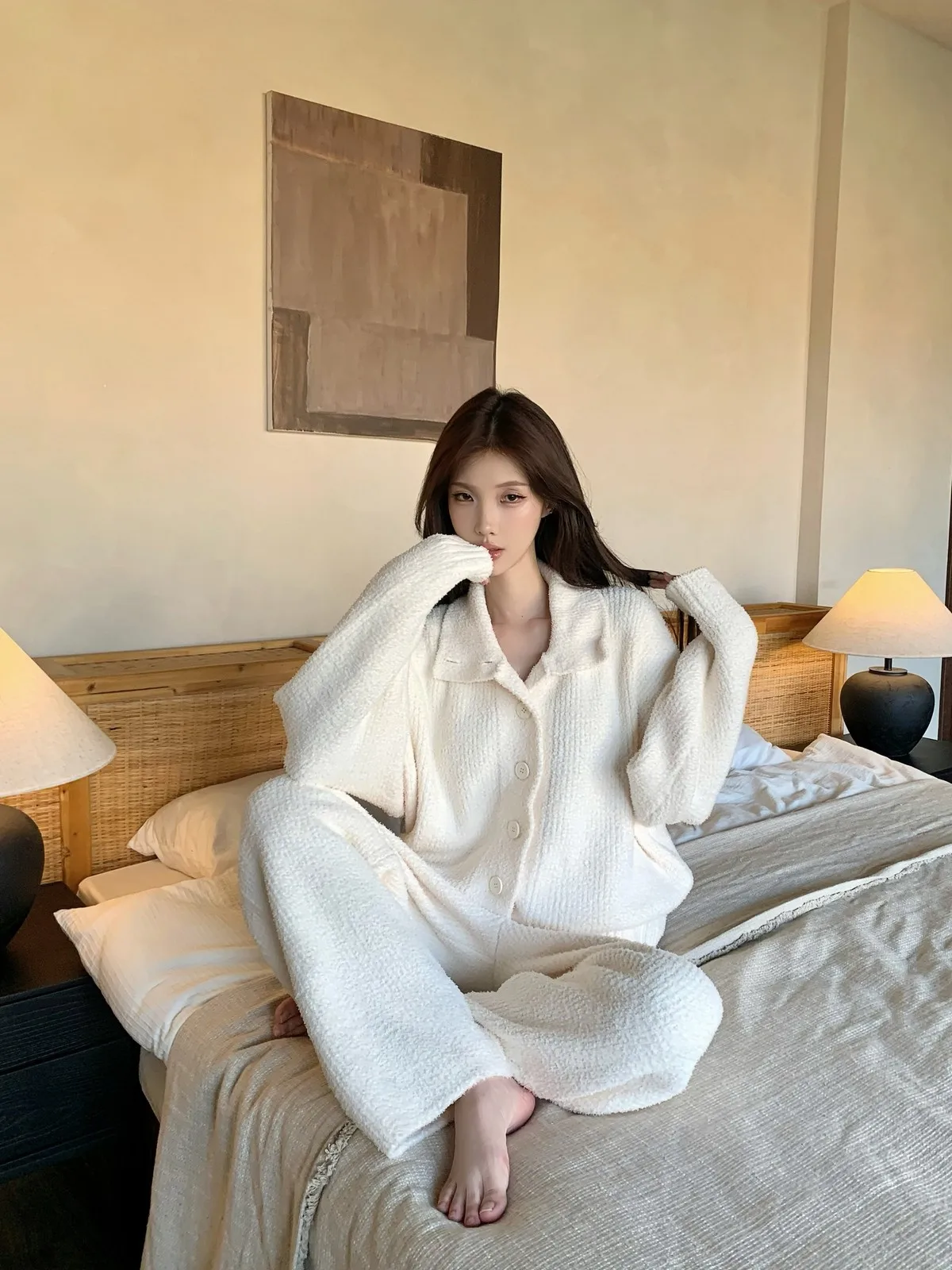بيجامة شتوية من القطيفة بأكمام طويلة ورقبة عالية على الطراز الياباني للنساء طقم ملابس منزلية سميكة وناعمة #4