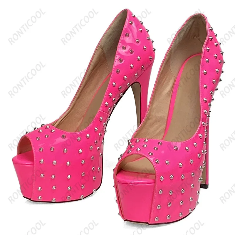 Ronticool Women Shiny Pumps Sexy Studded Stiletto Heels Peep Toe Pretty 5 Colors Night Club Wear Shoes Women US Plus Size 5-20