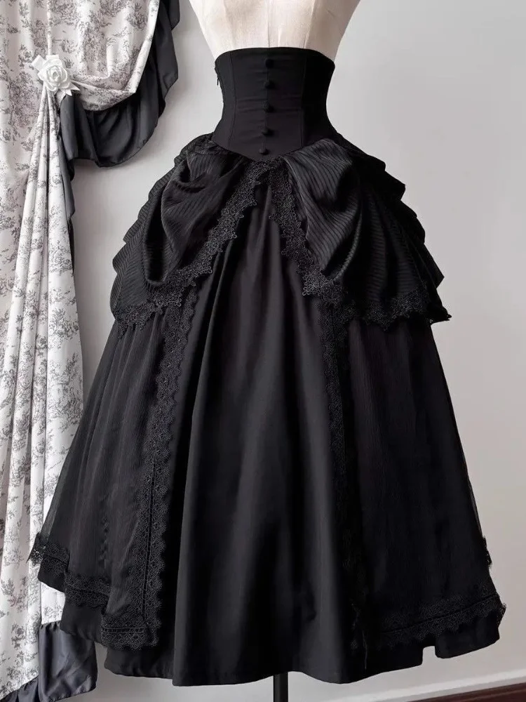 Zwart Wit Lolita Hoge Taille A-lijn Japanse Rokken voor Vrouwen Kawaii Zoete Ruche Kostuum Patchwork Kant Vintage Lange Rok