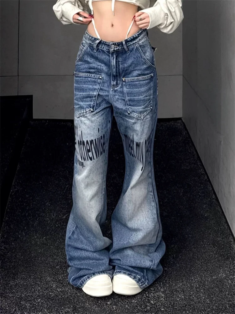 

Graphic Print Washed Flared Jeans Unisex American Vintage Wide Leg Trousers Streetwear Design Floor Length Y2K Denim