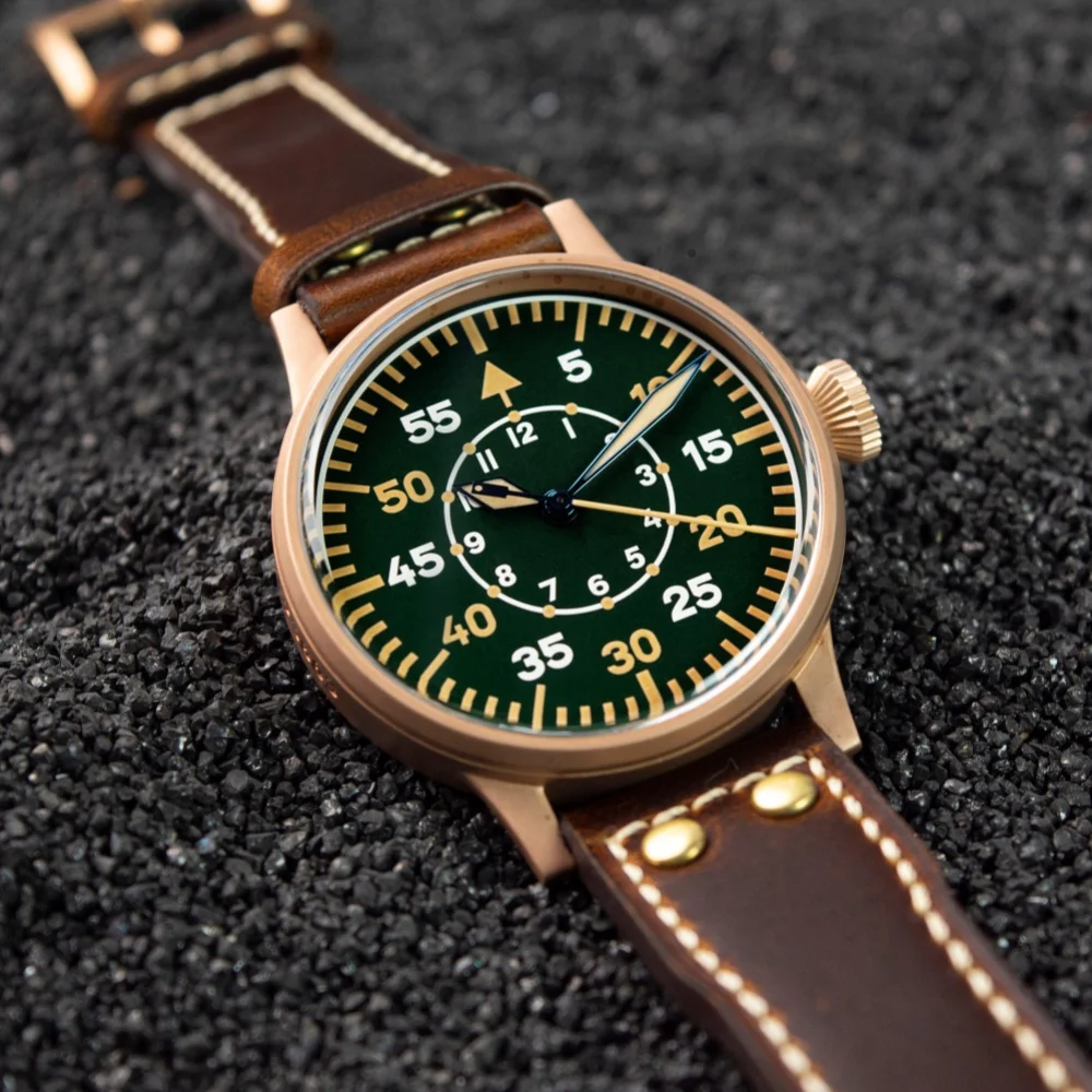 Hruodland 2025 جديد التلقائي الرجال ساعات آلية PT5000 البرونزية الطيار الياقوت الزجاج 100 متر مقاوم للماء Reloj Hombre