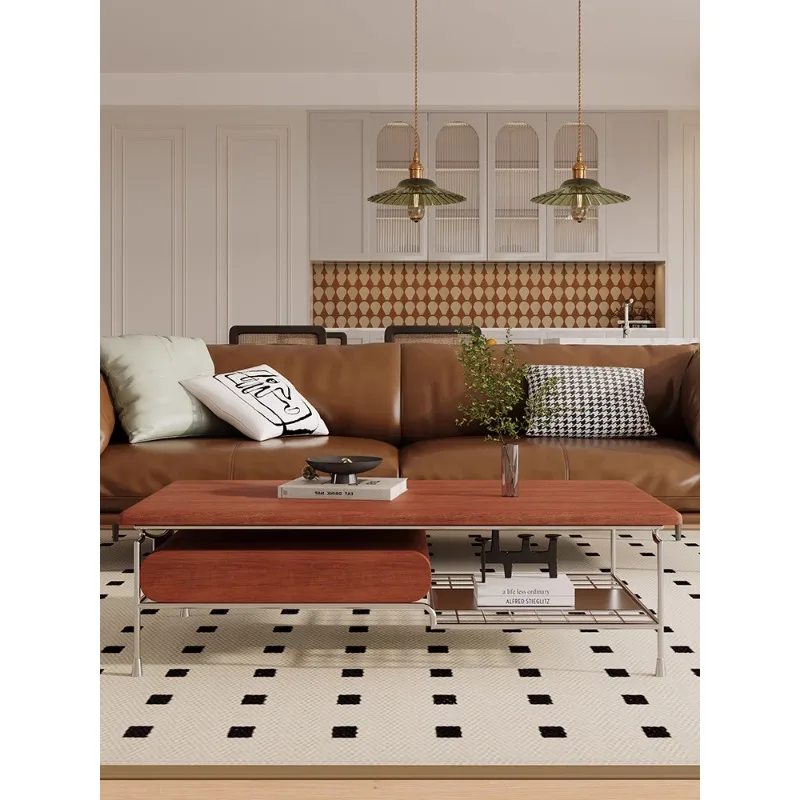 

Medieval style solid wood coffee table stainless steel oval modern simple small apartment living room French retro