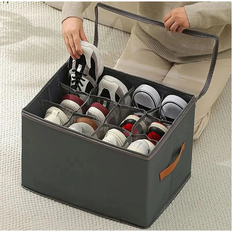 Shoe Organizer for Closet Shoe Storage Bin Fits 6 Pairs Foldable Shoes Storage Organizer with Handles for Shoes Sneakers Sandals