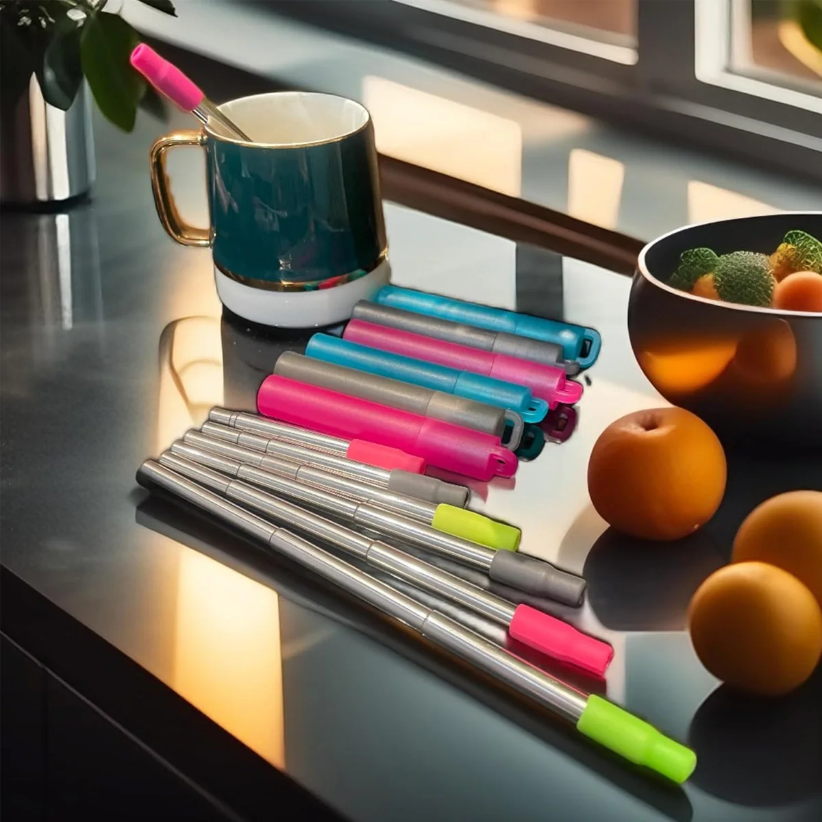 Stainless Steel Reusable Collapsible Straws, with Silicone Tip & Case & Cleaning Brush, Drinking Straw for Travel, Picnic