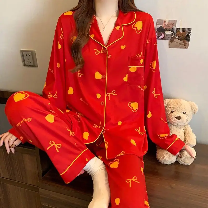 Women Red Pajamas Long Sleeve Trousers Sleepwear Autumn Pijama Casual Nightwear Ladies Pyjamas Home Wears 2 Piece Set New Style