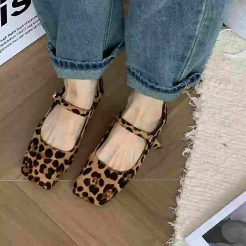 Flat Heels French Dress Party Shoes for Woman Mary Jane Square Toe Leopard Print Classic casual Lady Shoes Fashion Shallow Mujer