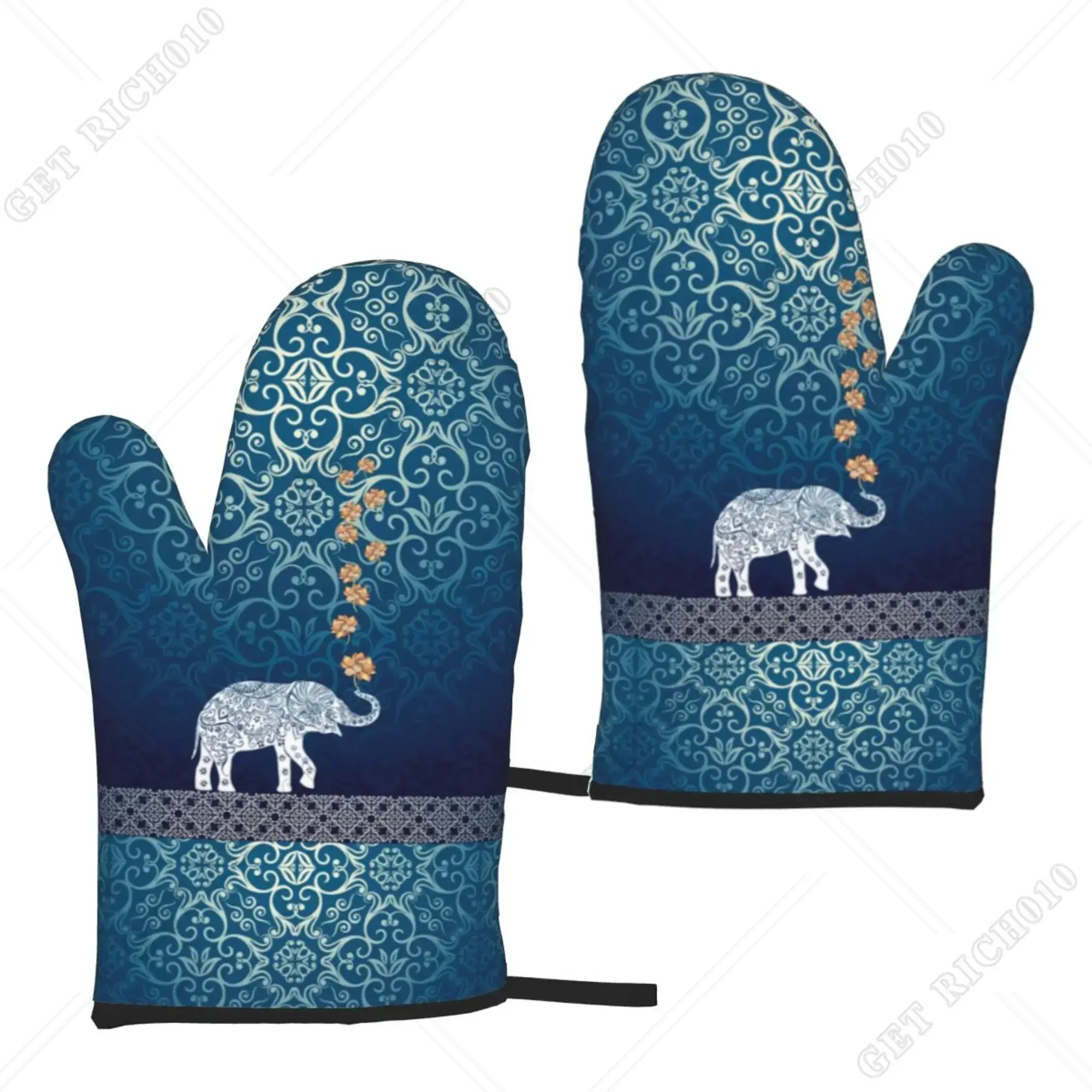 

Blue Elephant Design Women Boho Oven Gloves 2pcs Microwave Gloves Oven Gloves Heat Resistant Oven Mitts for Kitchen Bbq