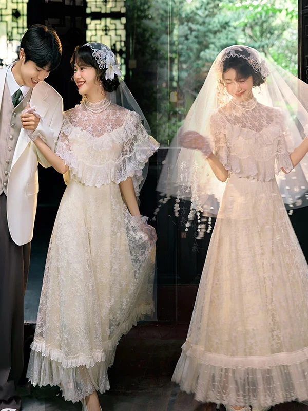 

Retro Republic of China Style Lace Wedding Dress Small Size Female Art Photo Studio Photography Costume White Ladies Fashion