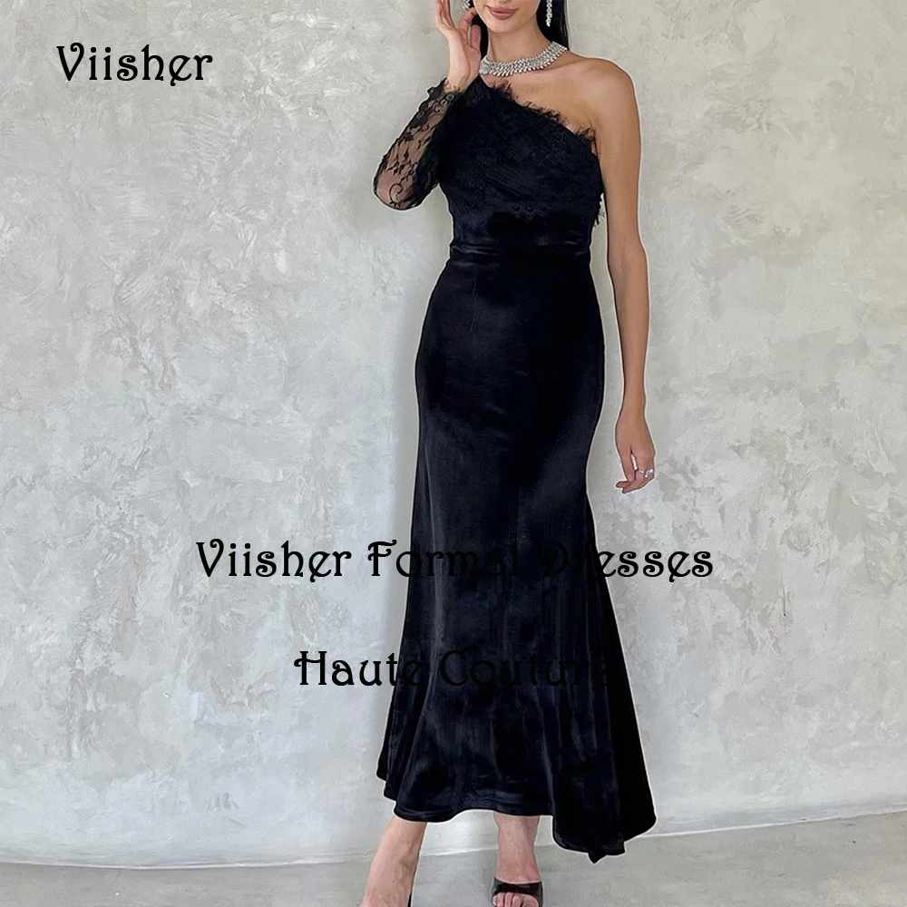 

Black Velvet Mermaid Evening Prom Dresses One Sleeve Lace Velour Formal Dress Ankle Length Dubai Occasion Party Gowns