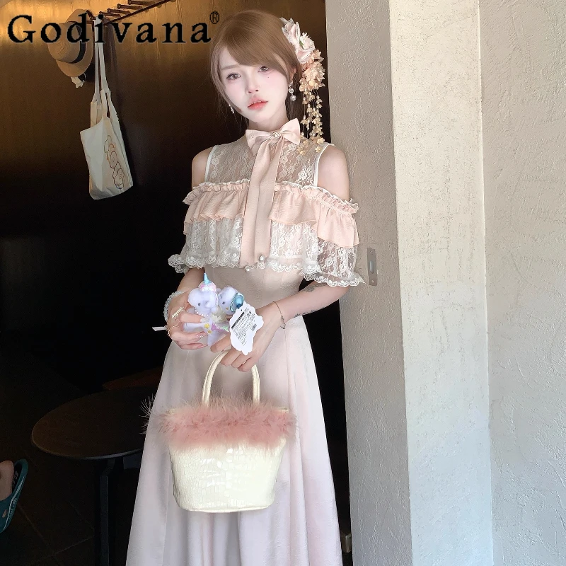 

Summer Gentle Girls Clear Style Pink Dress Bow Collar Princess Sweet Long Dress Women's Lolita Vacation Seaside Dress