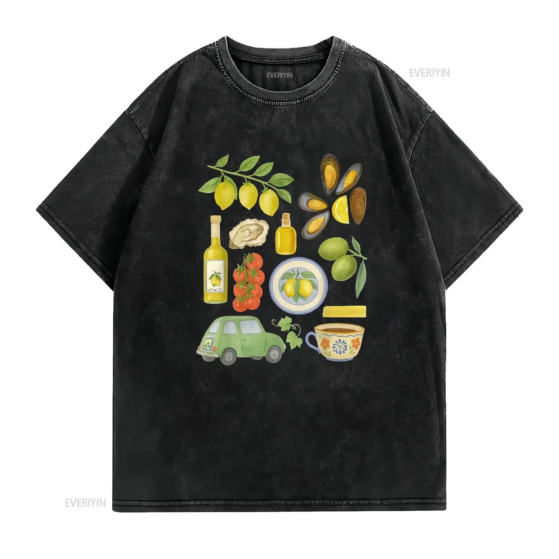 Italian Summer Scrapbook with Limoncello seafood coastal Adult S 4XL T Shirt vintage Washed Top For Everyday Wear Casual