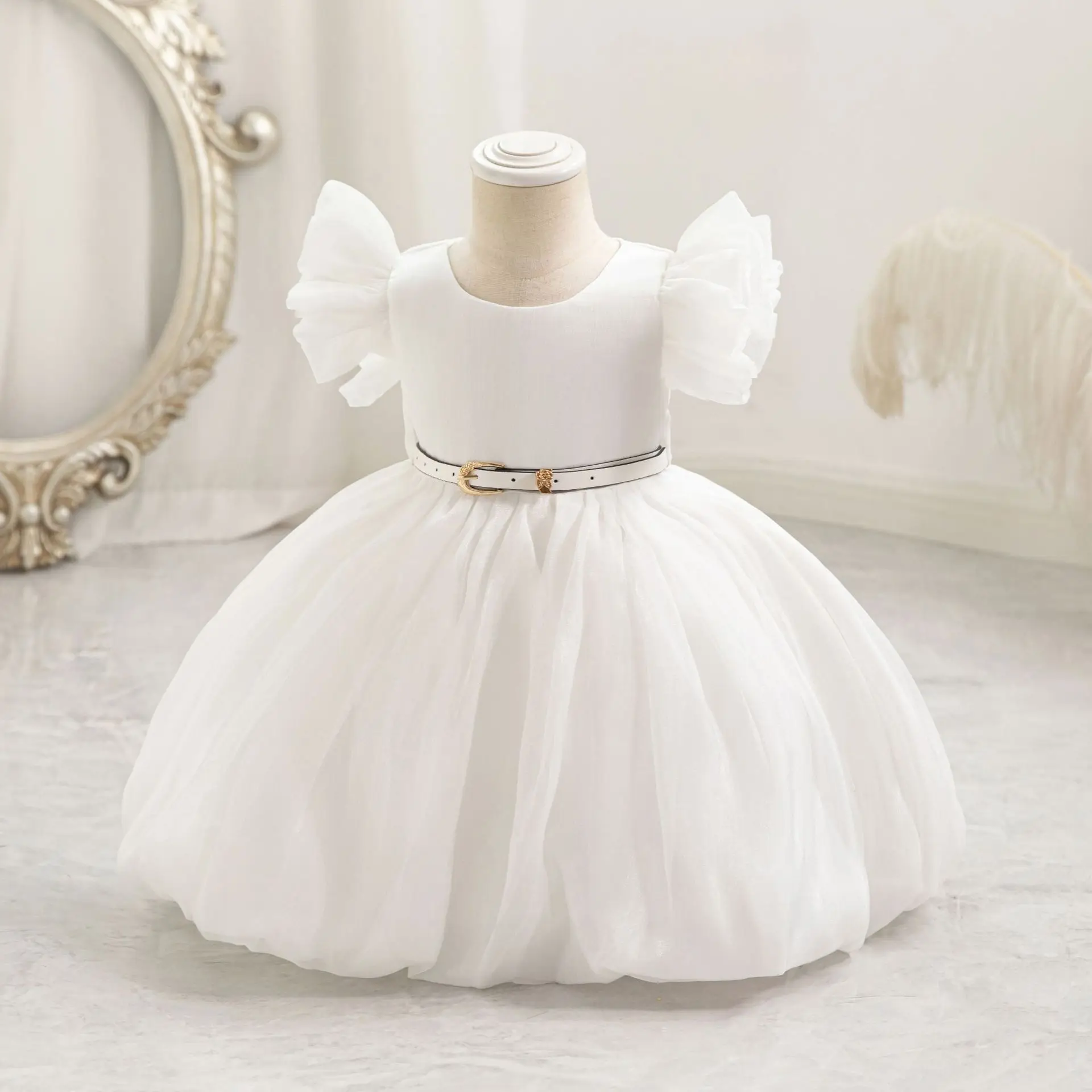 HETISO Leather Sashes Dress for Girls 1 Year First Birthday Kids Elegant Dresses Tulle Baby Party Gown 2 4Y