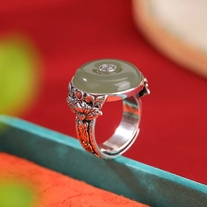 Natural Hetian S925 Sterling Silver Green Jade Pattern Peace Style Wide Ring
