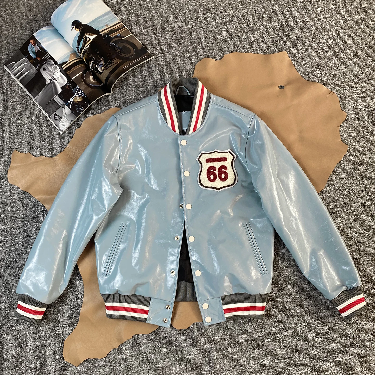 

High end shiny leather jacket for autumn and winter, calf leather baseball jacket, blue embroidered jacket for men