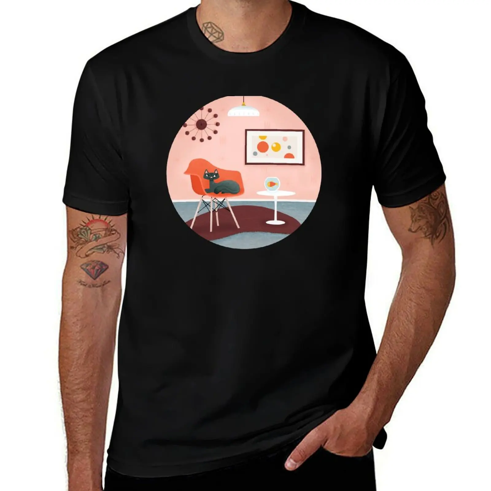 Camiseta con decoración coralina de mediados de siglo con gato negro y pez dorado, camiseta informal minimalista de manga corta