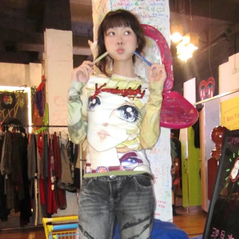Deeptown Japanese Style Anime Print T-shirt Y2k Harajuku 2000s Long Sleeve Tees Vintage Kawaii Cartoon Slim T Shirt Aesthetic