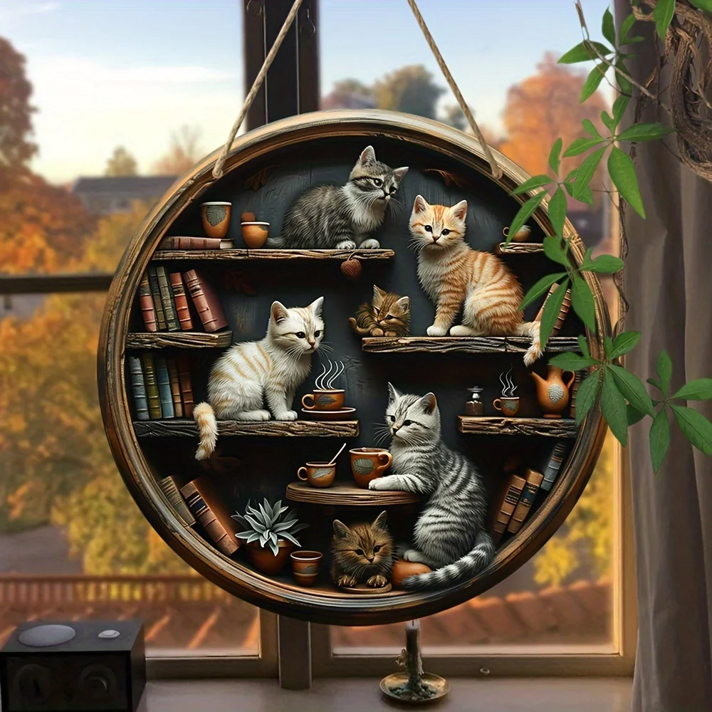 1pc, cat lover round wooden hanging sign 20cm x 20cm, whimsical cat in library wall art, multifunctional interior wall decoratio