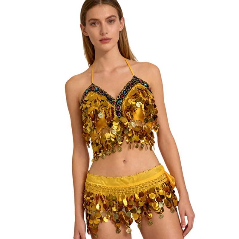 مجموعة أزياء الرقص الشرقي الاحترافية حمالة صدر مطرزة بالترتر ووشاح الورك للعروض المسرحية من نسيج البوليستر العملي #2