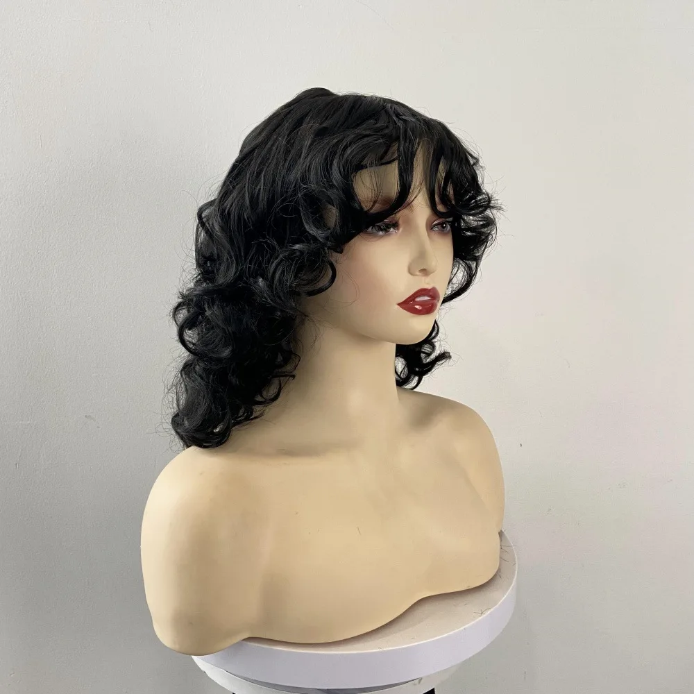 Easy to wear daily black medium long curly hair wig for women, realistic hair stitching, natural headband cover