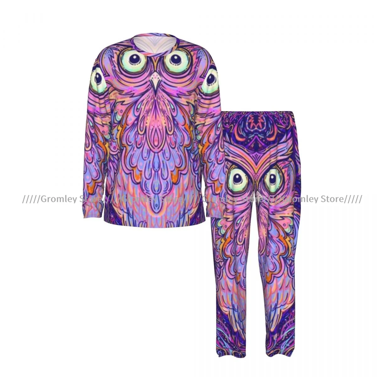 Men's Pajama Set Long Sleeve and Long Pants Cute Owl Psychedelic Pattern Soft Sleepwear for Home