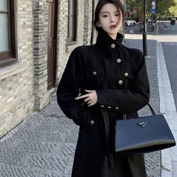 Retro Wool Coat Women's 2024 Spring Autumn New High-Quality Temperament Black Long Woolen Jacket Korean Fashion Luxury Outerwear