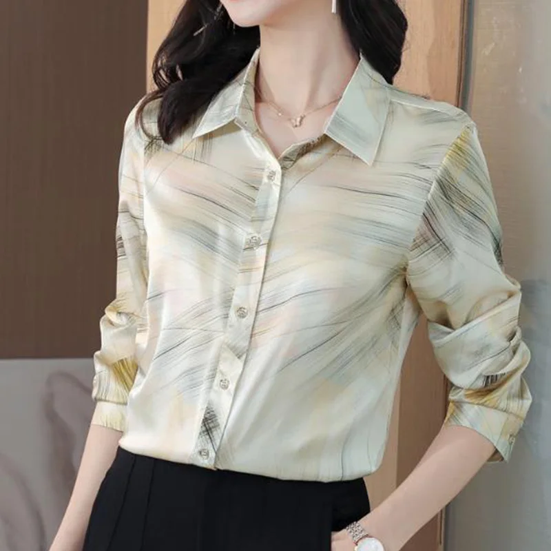 Polo-Neck Imitation Silk Satin Smooth Feel Shirts Spring Autumn Women\'s Clothing Office Lady Printing Patchwork Button Blouses