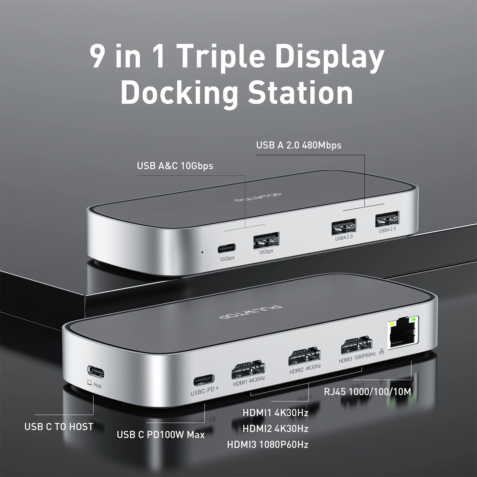 PULWTOP Triple Display USB C Docking Station With 65W Power Adapter, Docking Station for Macbook M1/M2/M3/M4/M5 macOS/Windows