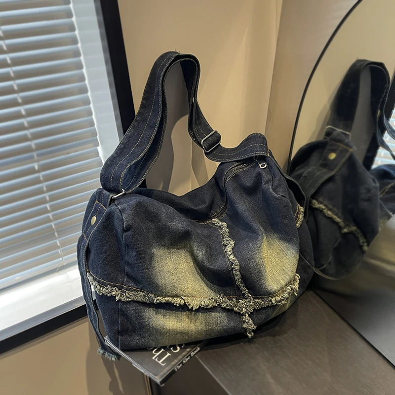 

Модная джинсовая женская сумка-тоут большой вместимости, сумка через плечо, осенне-зимняя мягкая корейская сумка в стиле SLE