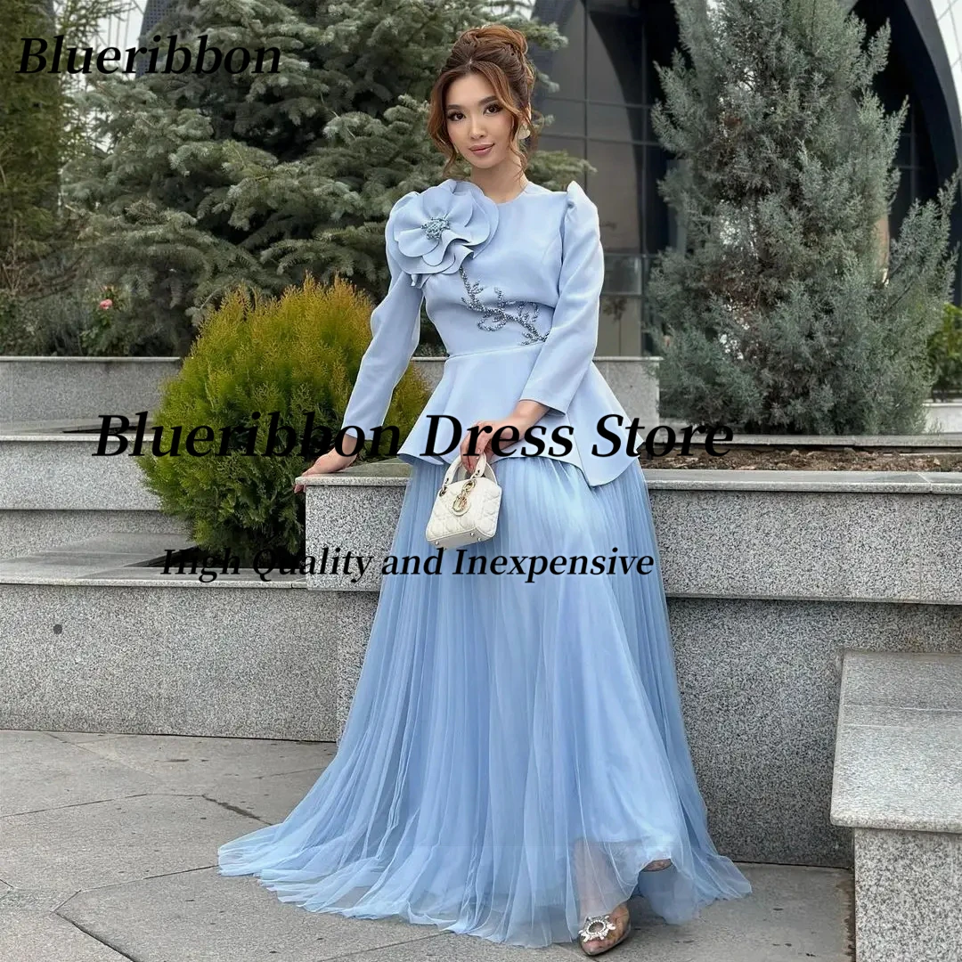 Blueribbon Elegant Women Evening Dresses with Flower Beading Saudi Party Prom Dress Long Sleeves A Line Tulle Vestidos De Noches