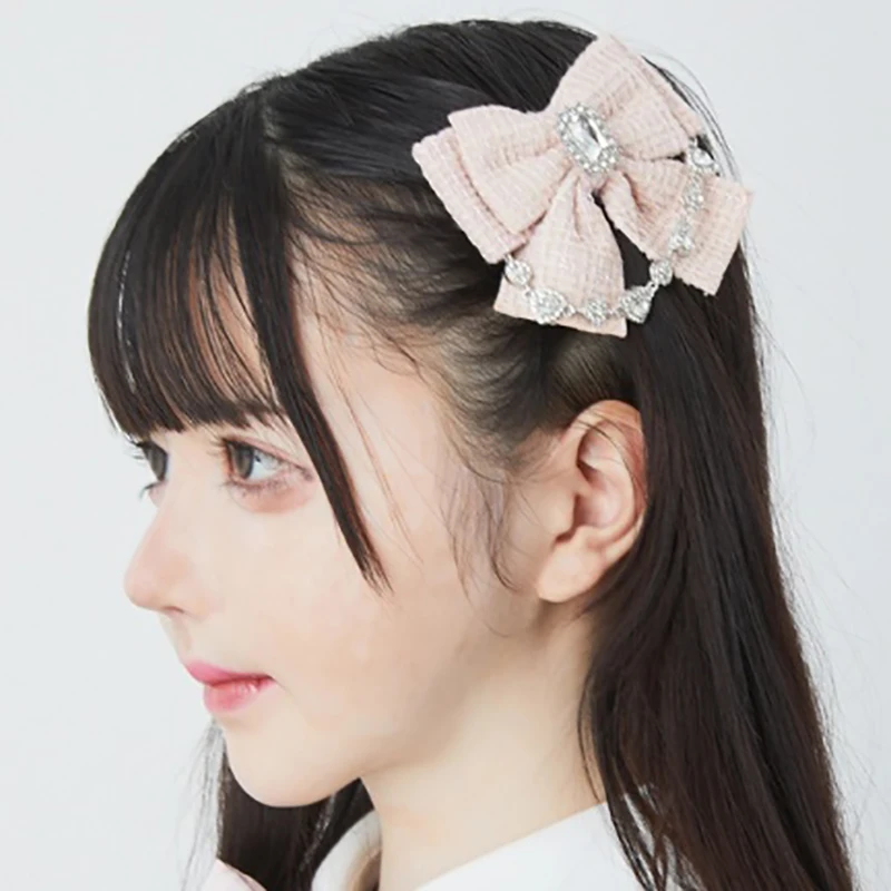 1 Pair Classic Tweed-inspired Hair Clips with Sweet Chain Mine Series Feminine Rhinestones Side Clips Lolita Two Piece