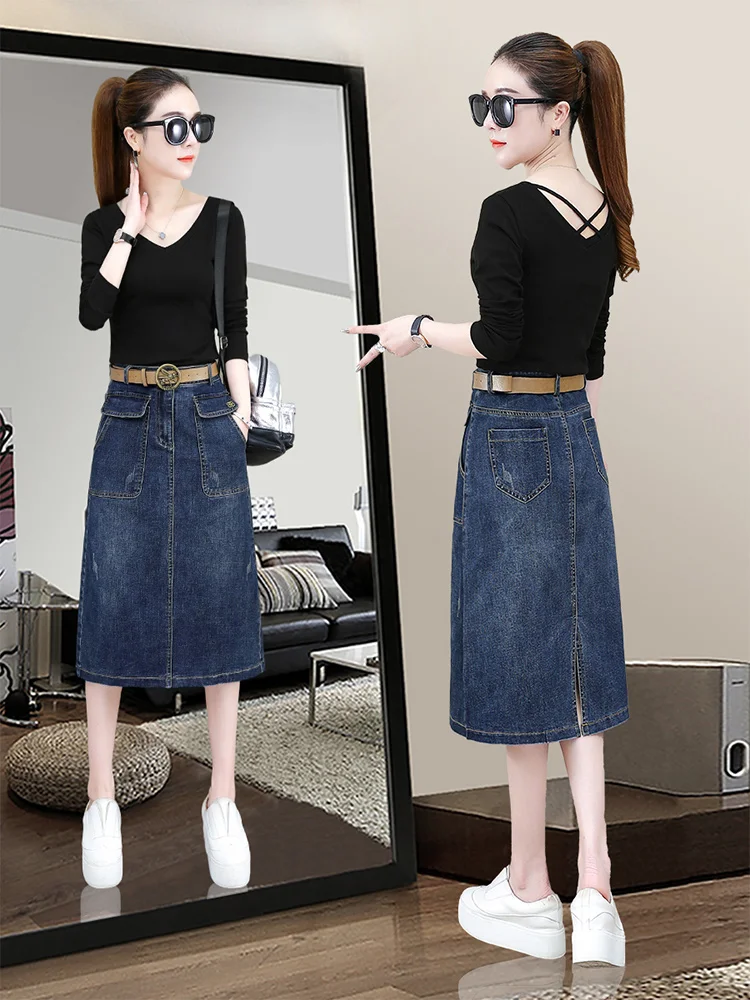 

High Waist Mid-Length A-Line Denim Skirt Women's Spring Autumn Slimming Deep Blue Slit Long Skirt Soft Korean Style Commute